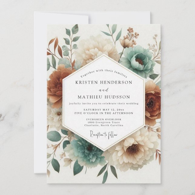 Invitación Teal Woodland Bloom Wedding (Anverso)