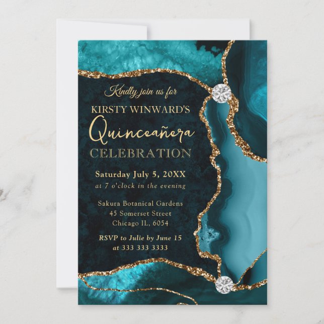 Invitación Teal y dorado Falso Brillo Ágata Quinceañera (Anverso)