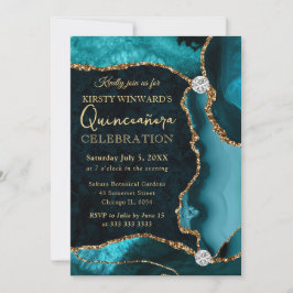 Invitación Teal y dorado Falso Brillo Ágata Quinceañera