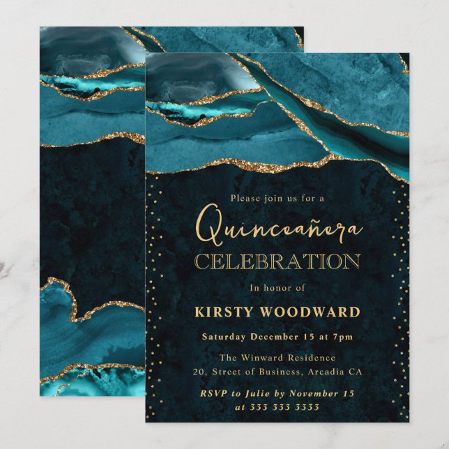 Invitación Teal y oro brillo Agate Quinceanera (Anverso / Reverso)