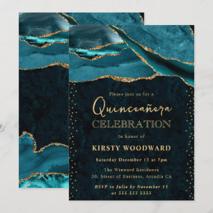 Invitación Teal y oro brillo Agate Quinceanera