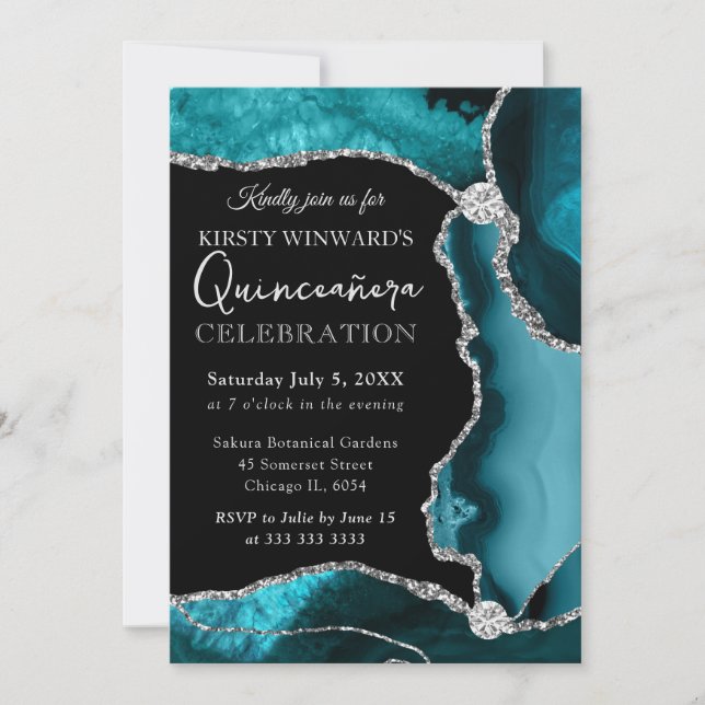 Invitación Teal y plata Falso Brillo Ágata Quinceañera (Anverso)