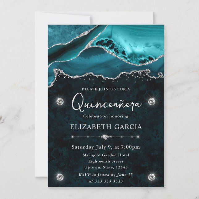 Invitación Teal y Plata Glitter Agate Quinceañera (Anverso)