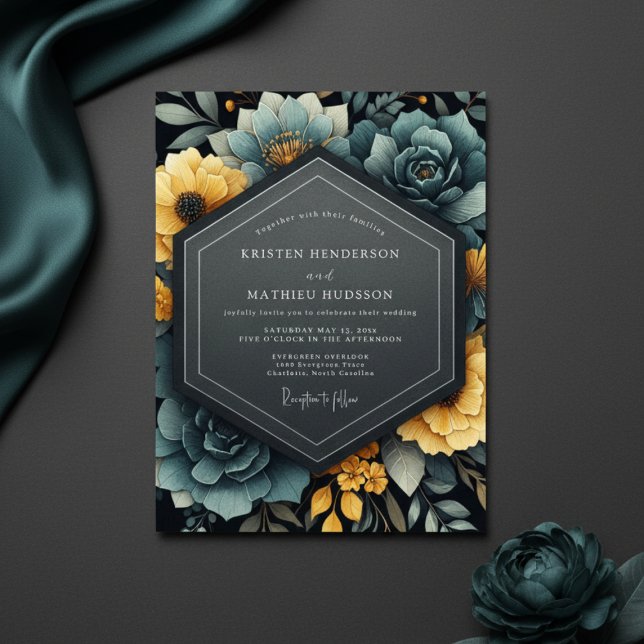 Invitación Teal Yellow Floral Bloom Wedding (Subido por el creador)