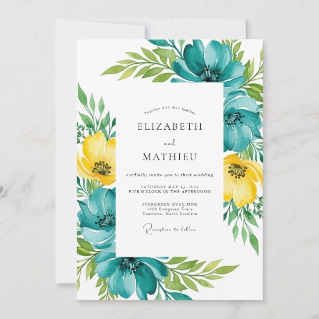 Invitación Teal Yellow Floral Spring Wedding (Anverso)