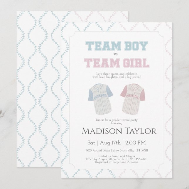 Invitación Team Boy vs Team Girl Baseball Gender Reveal  (Anverso / Reverso)