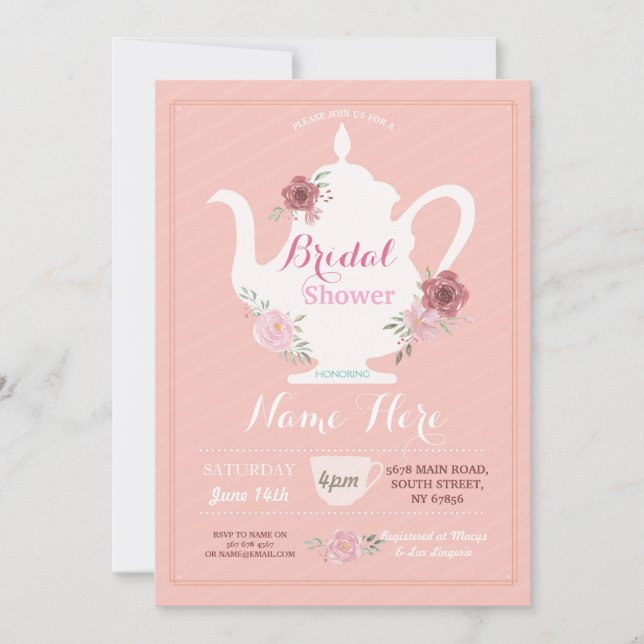 Invitación Teapot Bridal Shower Por La Tarde Tea Fiesta Brunc (Anverso)