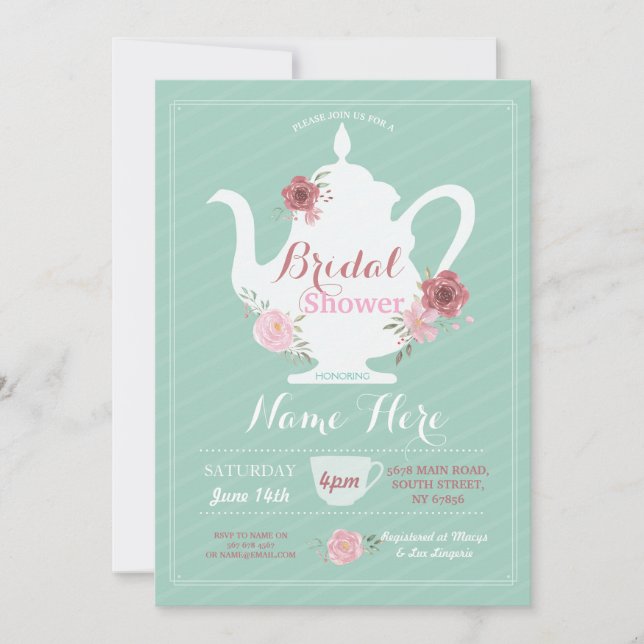 Invitación Teapot Bridal Shower Por La Tarde Tea Fiesta Mint (Anverso)