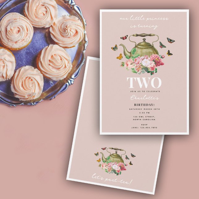 Invitación Teapot Fiesta Mariposas Florales Rosa Chica Cumple (Teapot Party Pink Floral Butterflies Girl Birthday Invitation)