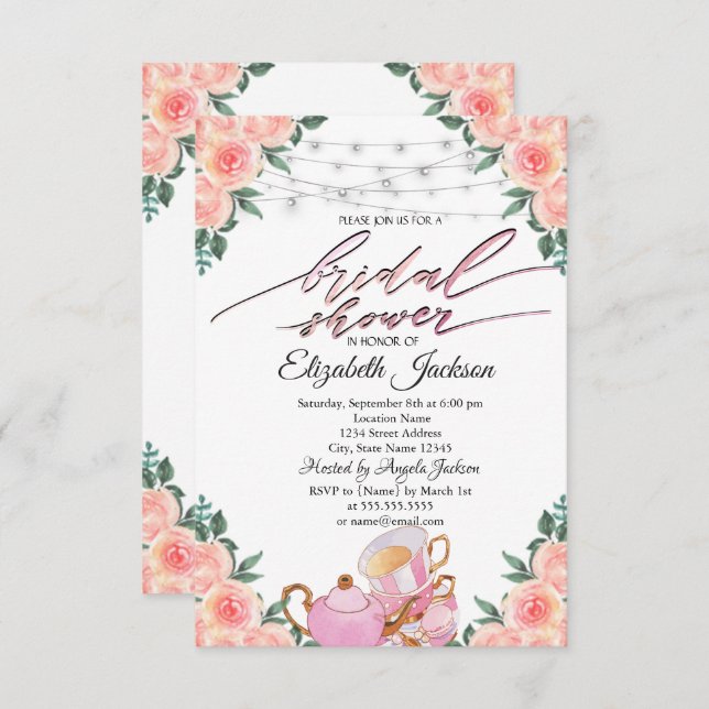 Invitación Teapot Macaron String ilumina a Rosas ducha de nov (Anverso / Reverso)