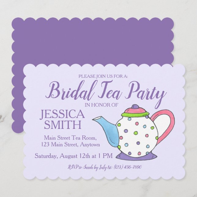 Invitación Teapot Nodal Weddal Shower Purple Tea Fiesta (Anverso / Reverso)