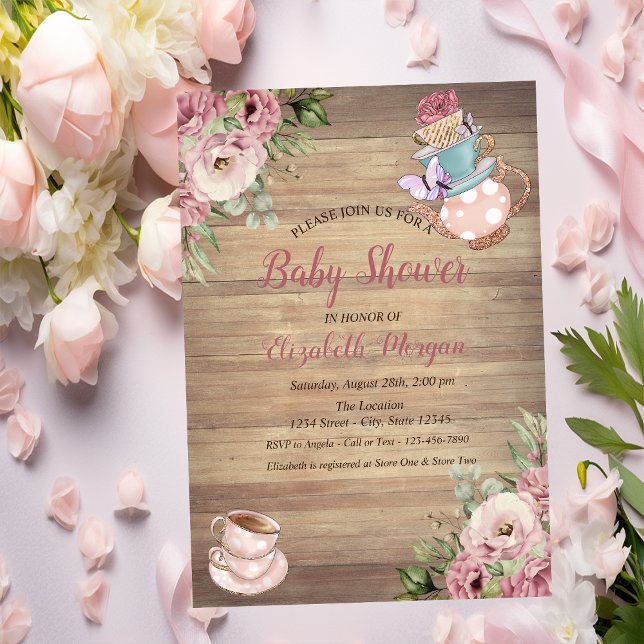 Invitación Teapot Tea cup Floral Wood Baby Shower (Subido por el creador)