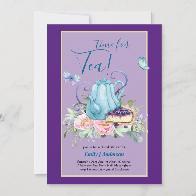 Invitación Teatima de ducha de novia de Teapot Tea de la tard (Anverso)