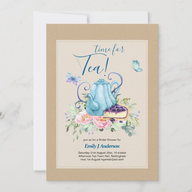 Invitación Teatima de ducha de novia de Teapot Tea de la tard (Anverso)