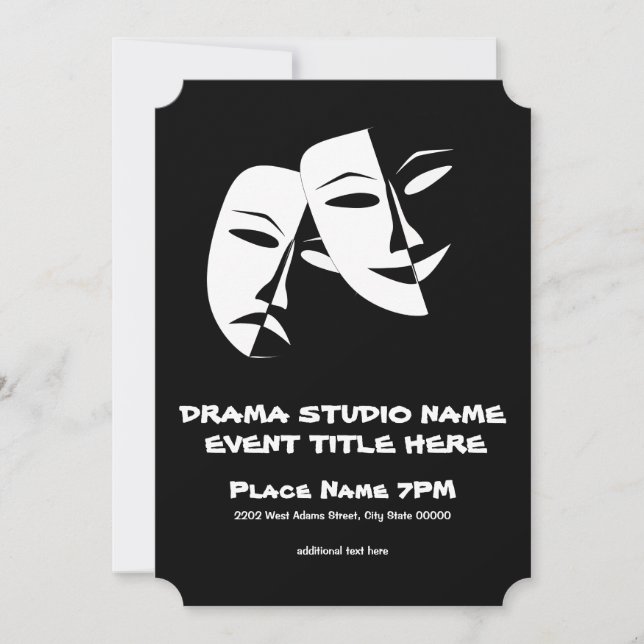 Invitación Teatro Mask Comedia Tragedia Black White Evento (Anverso)