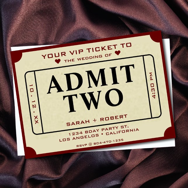 Invitación Teatro Retro Cine Ticket Admite Dos Bodas (Retro Theater Movie Ticket Stub Admit Two Wedding Invitation)