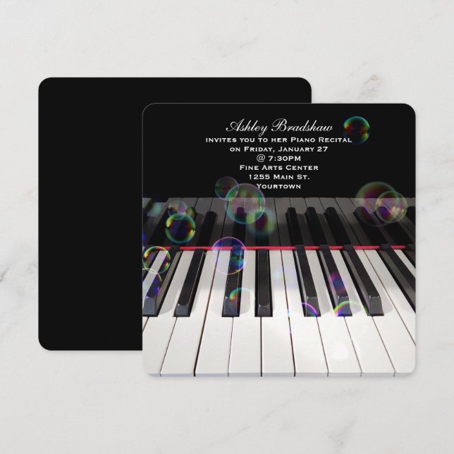 Invitación Teclado piano con burbujas para recital (Anverso / Reverso)