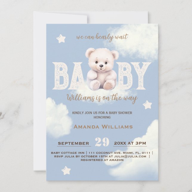 Invitación Tedd Bear Cloud 9 Bearly Wait Blue Boy Shower (Anverso)
