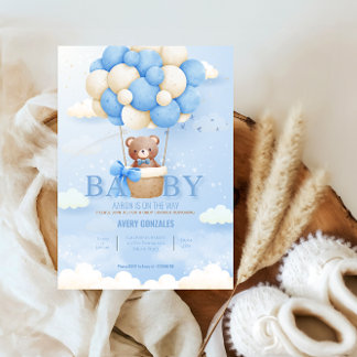 Invitación Teddby Bear Balloon Blue Sky Baby Boy Shower