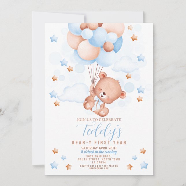 Invitación Teddy Bear 1er cumpleaños Bear-y First Boys Blue (Anverso)