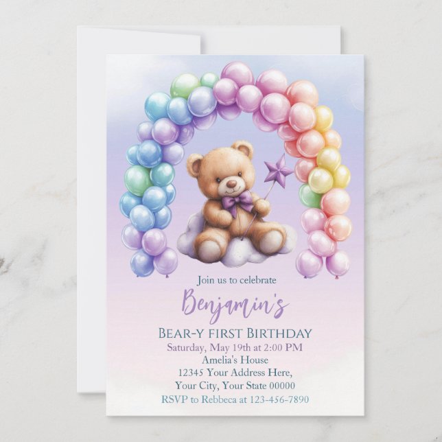 Invitación Teddy Bear 1er cumpleaños Globos coloridos (Anverso)