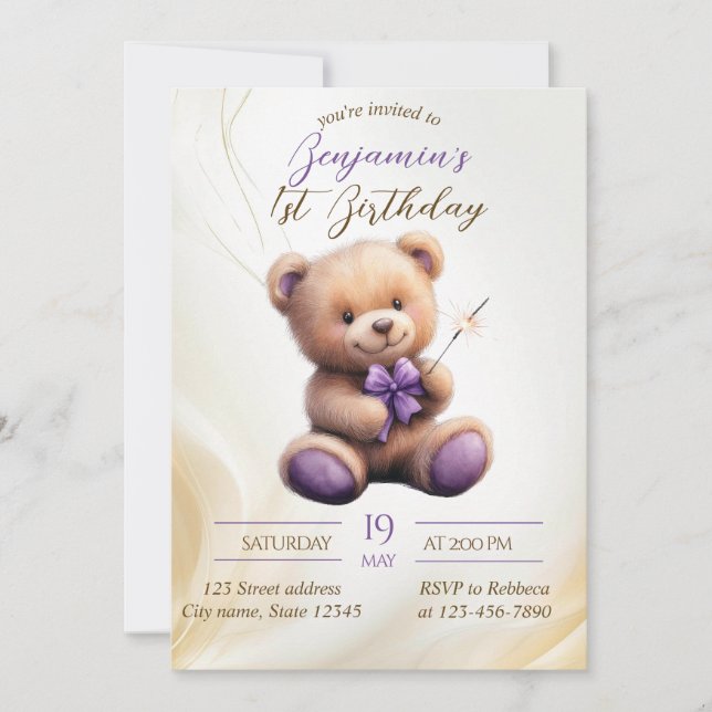 Invitación Teddy Bear 1er cumpleaños Globos coloridos (Anverso)