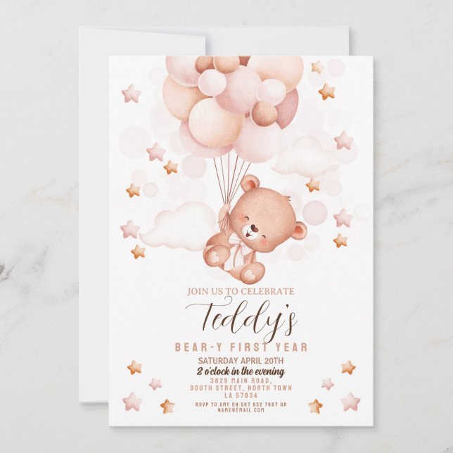 Invitación Teddy Bear 1er Cumpleaños Primeros Niños Neutrales (Anverso)