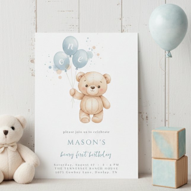Invitación Teddy Bear 1st Birthday Blue Watercolor (Subido por el creador)