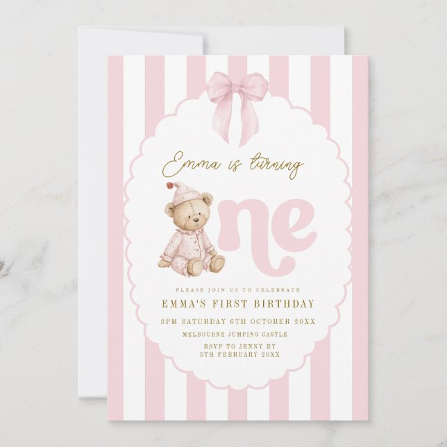 Invitación Teddy Bear 1st Birthday Invitation Girl (Anverso)