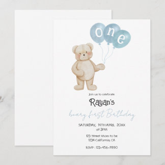 Invitación Teddy Bear 1st Birthday Party for Baby Boy 
