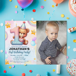 Invitación Teddy Bear 1st Birthday Photo Personalized Baby