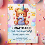 Invitación “Teddy Bear 2nd Birthday | Cute Watercolor Balloon<br><div class="desc">Celebrate your little one’s special day with this adorable teddy bear birthday invitation. Featuring a cute brown bear wearing a party hat, holding the number 2, surrounded by colorful watercolor balloons, stars, and a rainbow. Perfect for a fun and memorable second birthday party!</div>