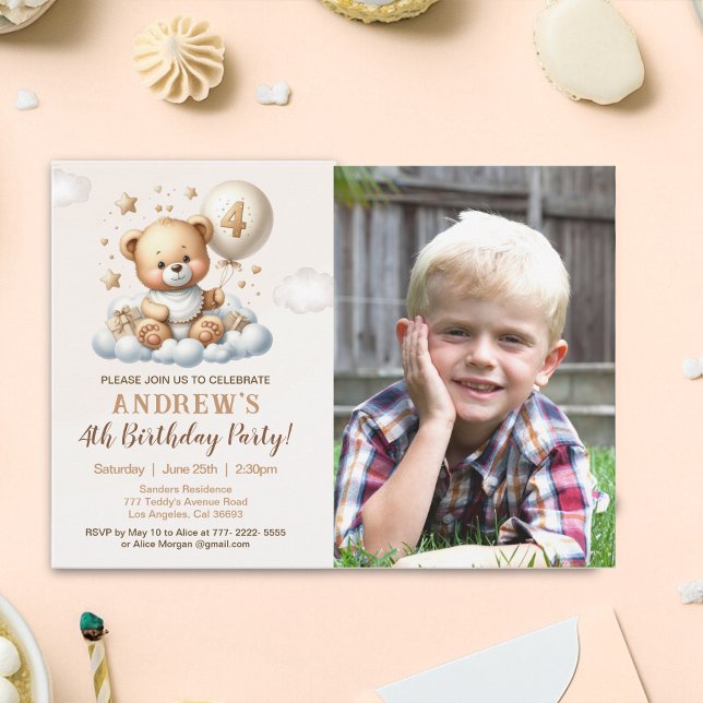 Invitación Teddy Bear 4th Birthday Photo Invitation for Boys (Subido por el creador)