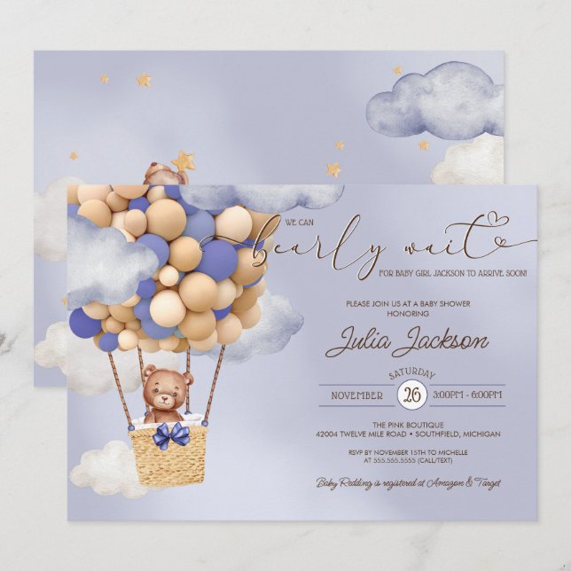 Invitación Teddy Bear Air Balloon Blue Cloud Boy Baby Shower (Anverso / Reverso)