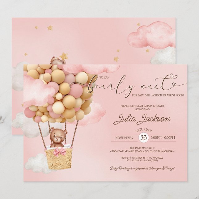 Invitación Teddy Bear Air Balloon Chica de nube rosa Baby Sho (Anverso / Reverso)