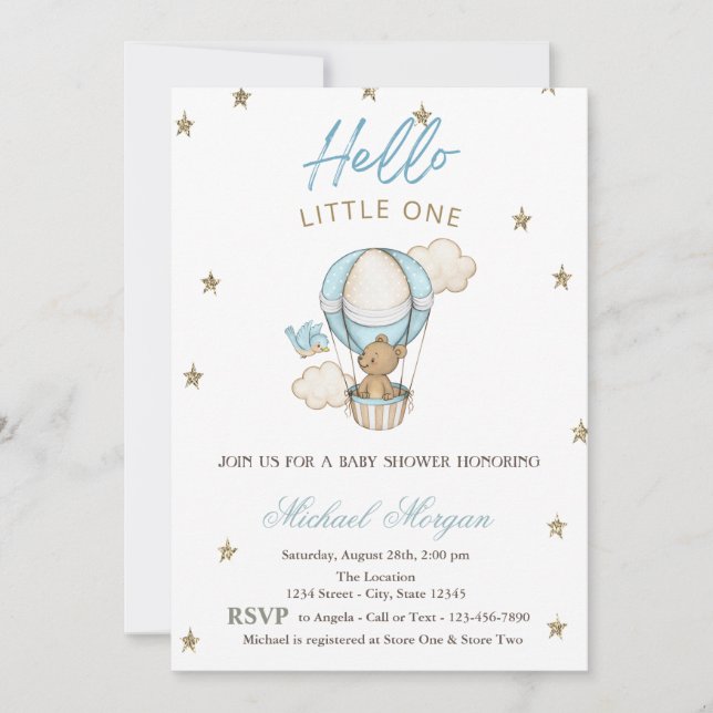 Invitación Teddy Bear Air Balloon Purpurina Stars Baby Shower (Anverso)