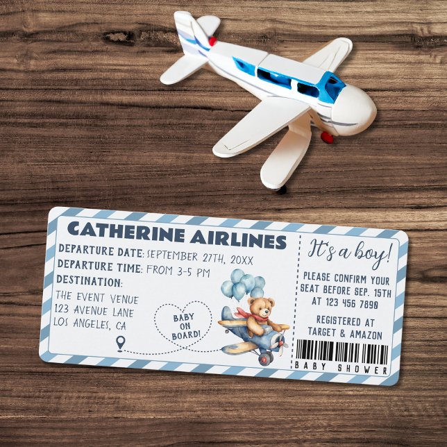 Invitación Teddy Bear Airplane Boarding Boy Baby Shower (Subido por el creador)
