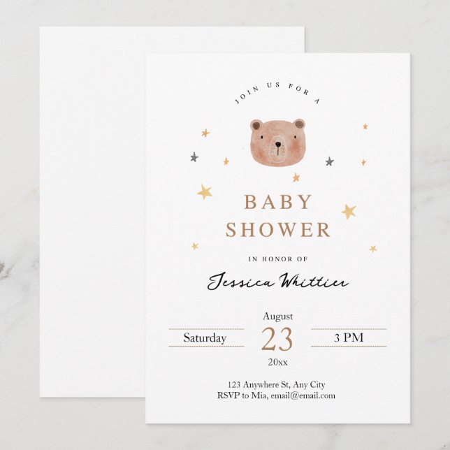 Invitación Teddy Bear and Stars Baby Shower (Anverso / Reverso)