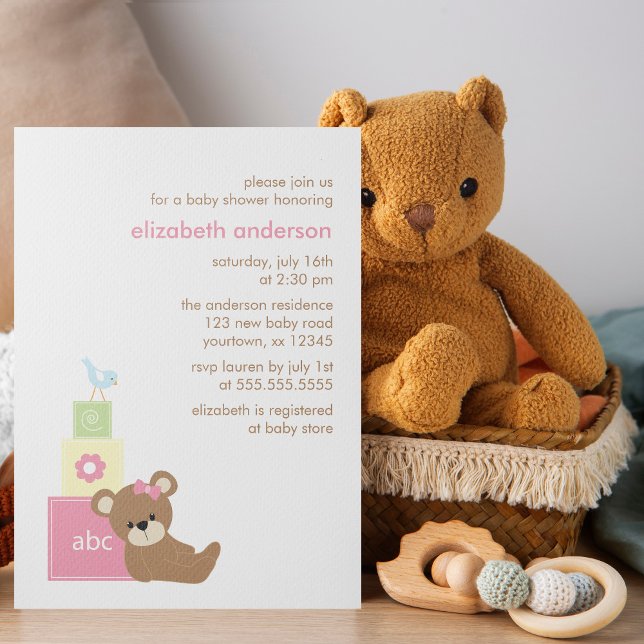 Invitación Teddy Bear and Toy Blocks Chica Baby Shower (Subido por el creador)