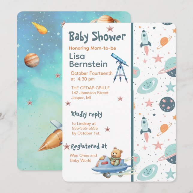 Invitación Teddy Bear Astronaut In Space Baby Shower (Anverso / Reverso)