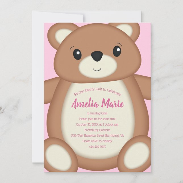 Invitación Teddy Bear Baby Birday Party Pink (Anverso)