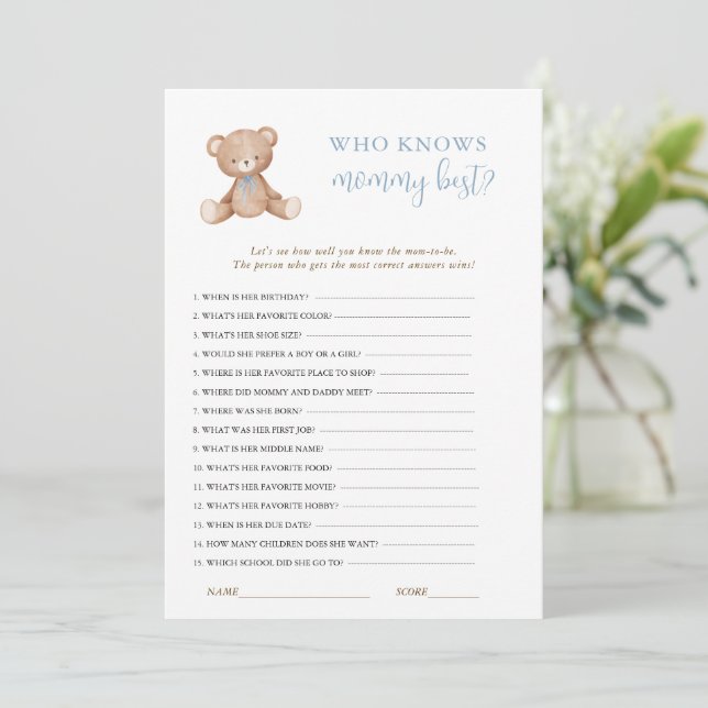 Invitación Teddy Bear Baby Boy Juego de ducha (Anverso de pie)