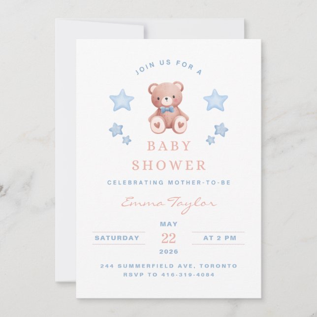 Invitación Teddy Bear Baby Boy Shower - Soft Blue Stars (Anverso)