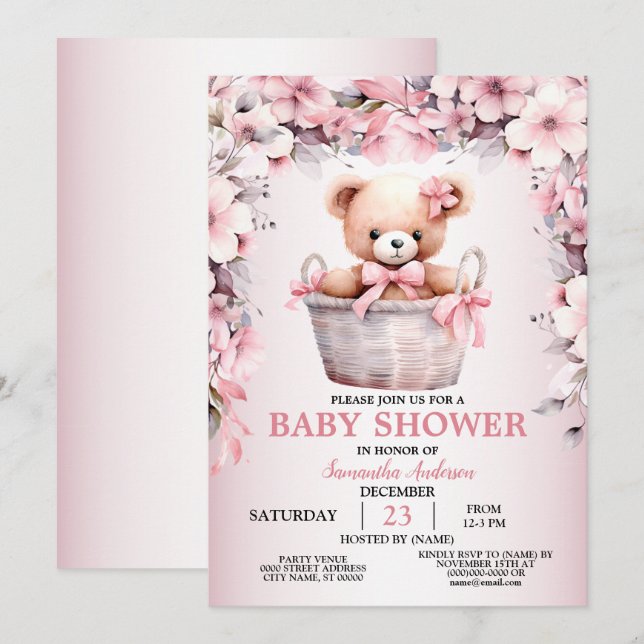 Invitación Teddy Bear Baby Girl Flores Rosa Baby Shower (Anverso / Reverso)