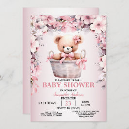 Invitación Teddy Bear Baby Girl Flores Rosa Baby Shower