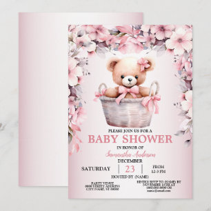 Invitación Teddy Bear Baby Girl Flores Rosa Baby Shower