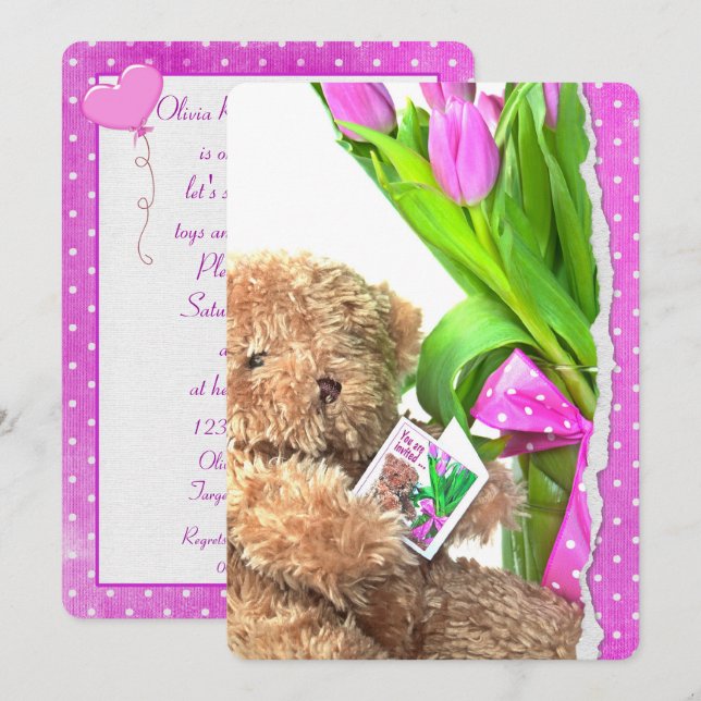 Invitación Teddy Bear Baby Girl Shower (Anverso / Reverso)