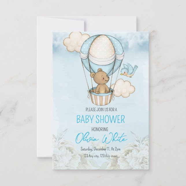 Invitación Teddy Bear Baby Shower Air Balloon Boy Baby Shower (Anverso)
