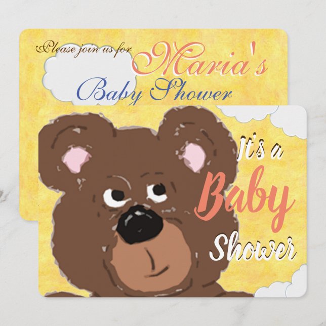 Invitación Teddy Bear Baby Shower amarillo brillante (Anverso / Reverso)