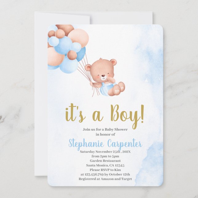 Invitación Teddy bear baby Shower Boy (Anverso)